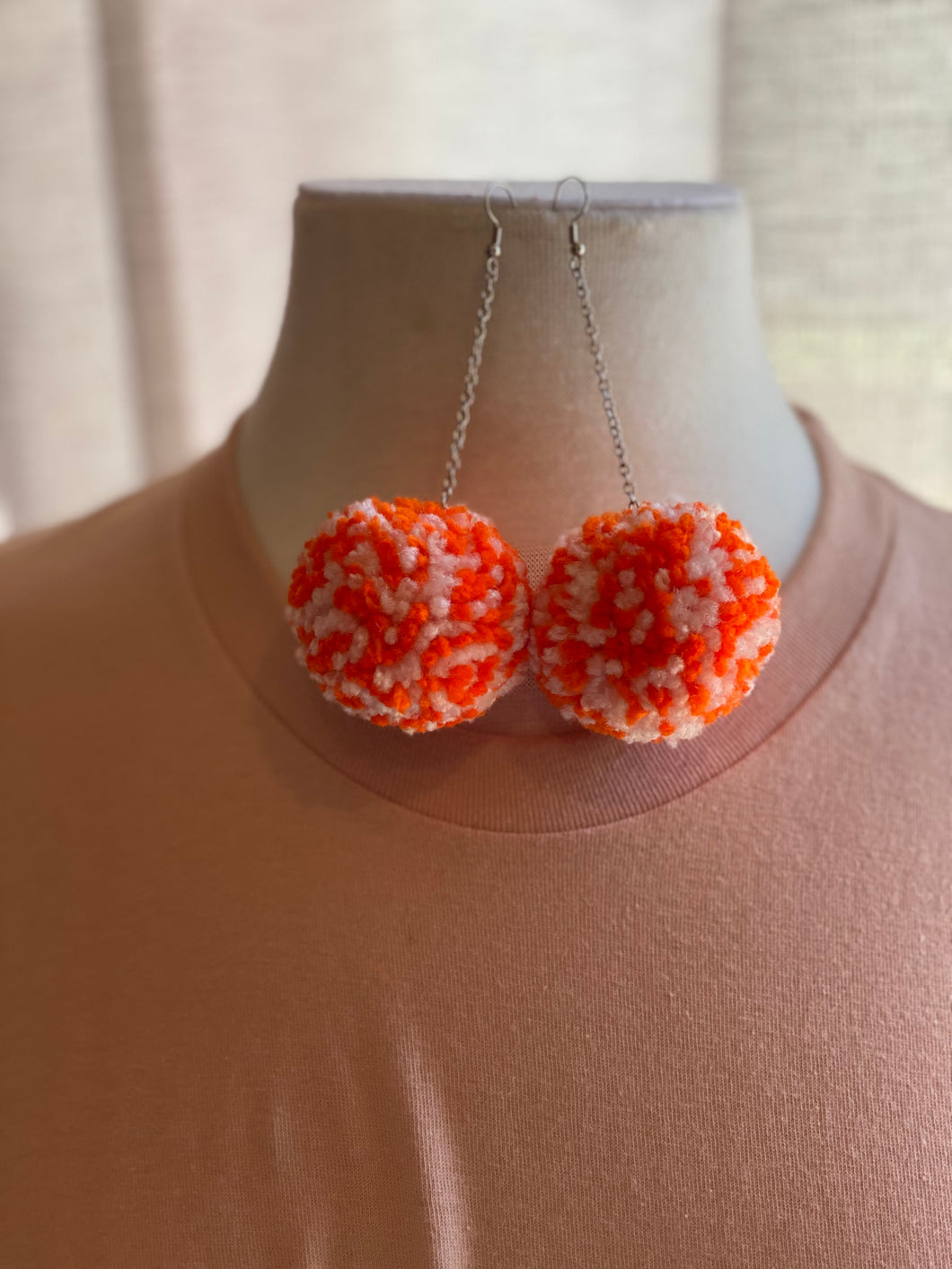 White & Orange Pom Pom Earrings