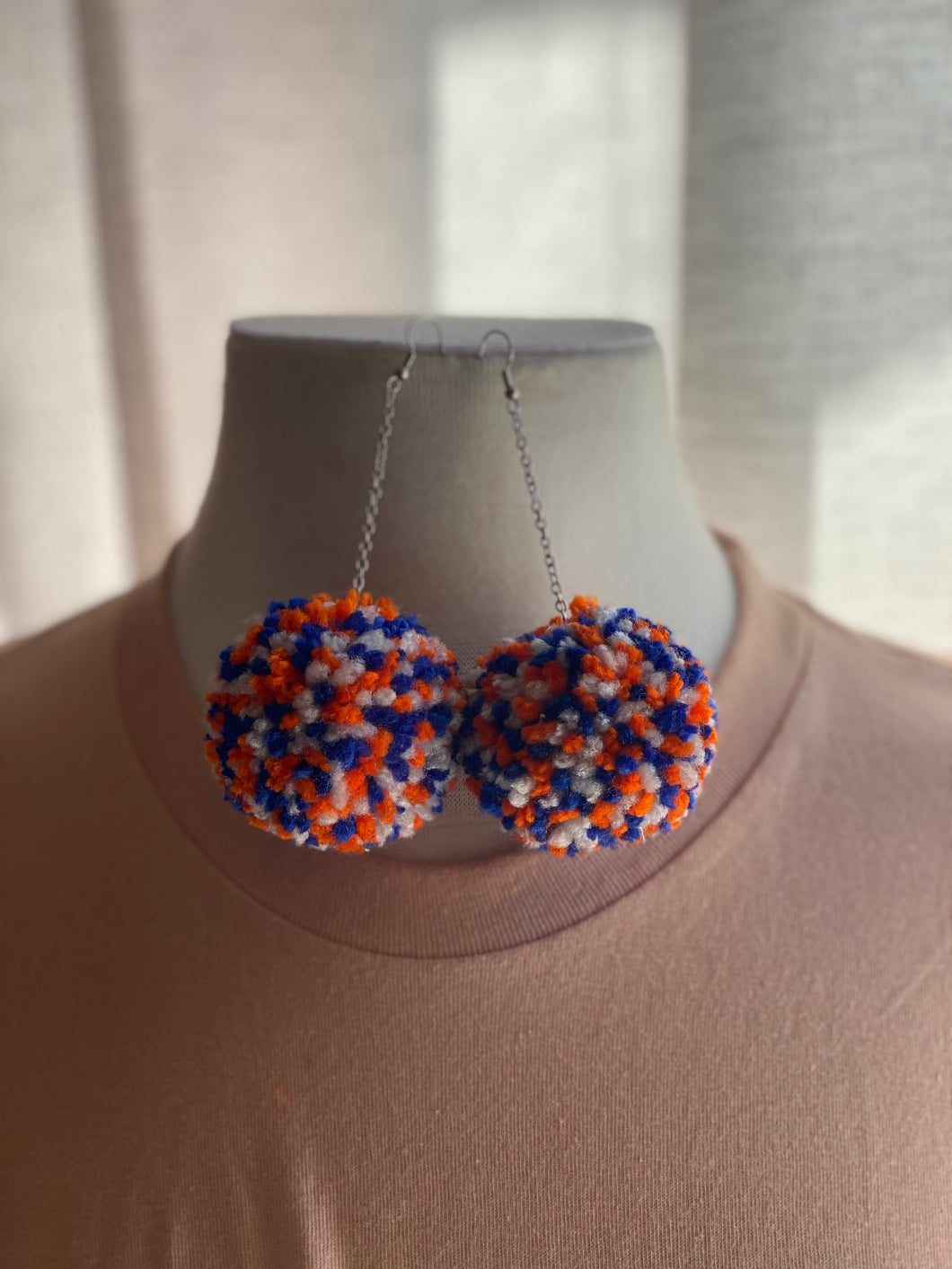 Orange/Blue/White Pom Pom Earrings