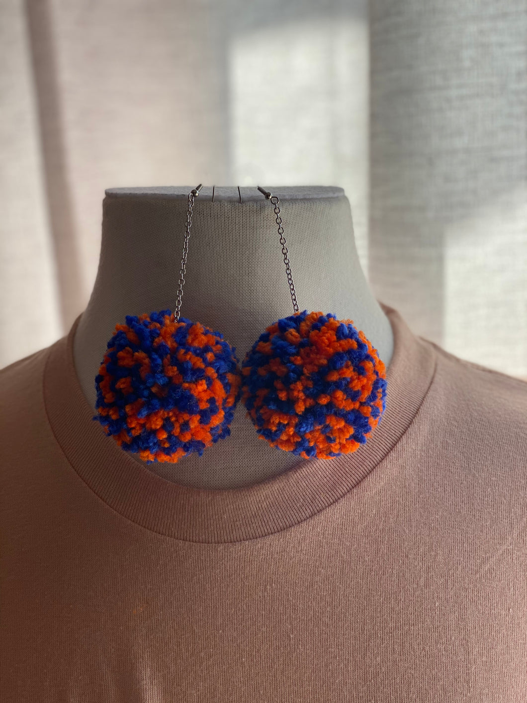 Blue/Orange Pom Pom Earrings