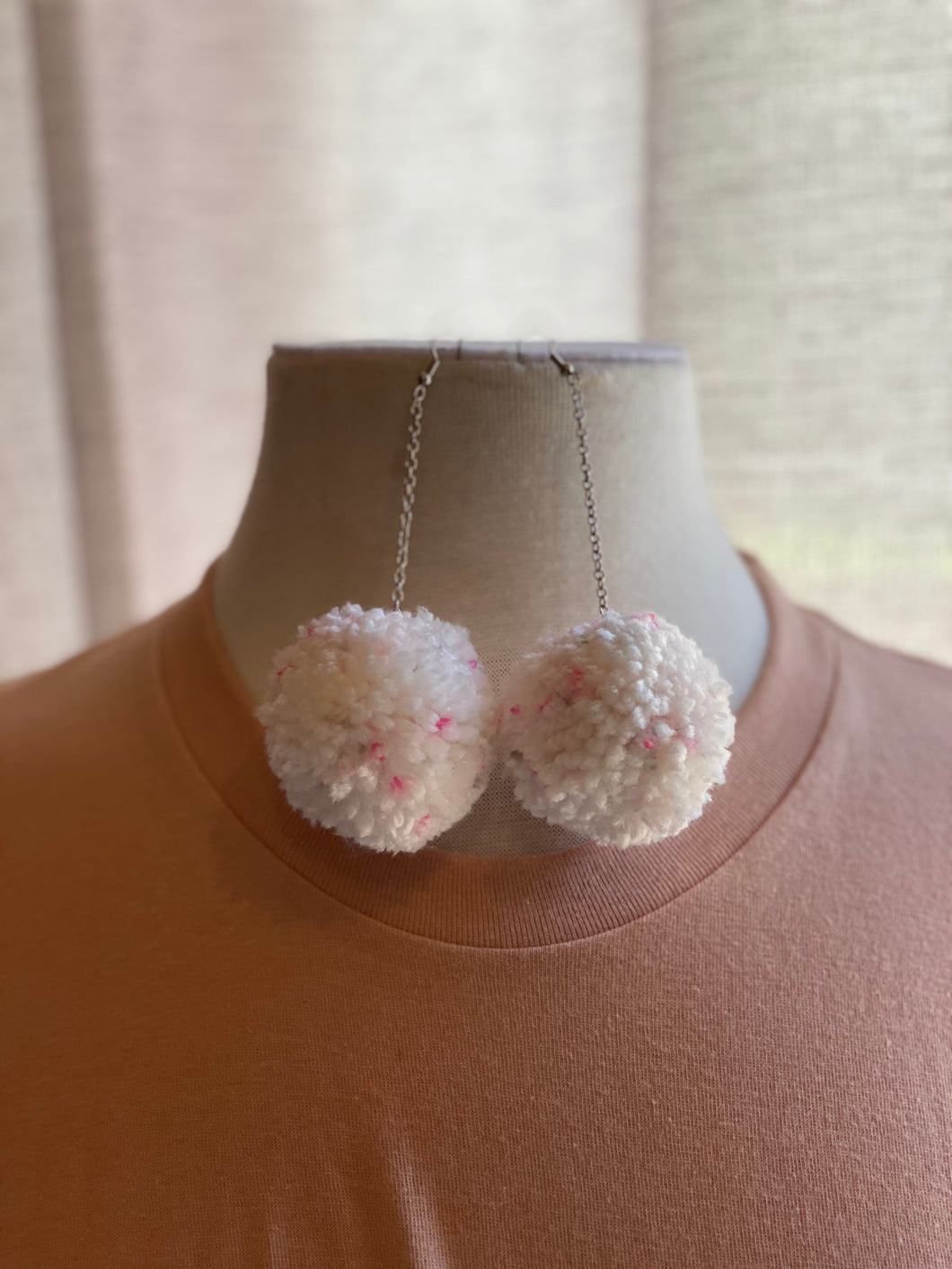 White With Pink Specs Pom Pom Earrings